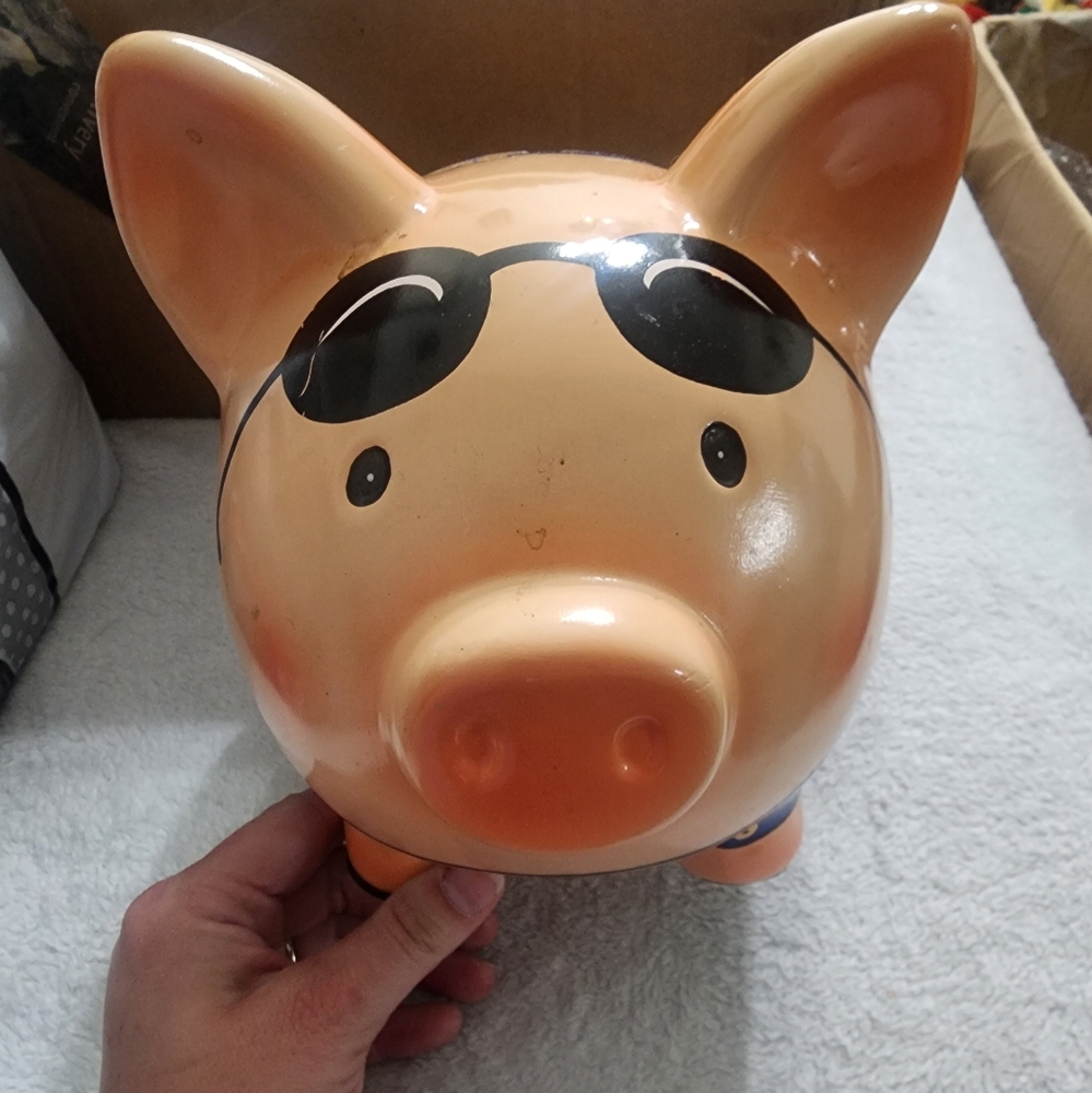 Orange Piggy Bank with Sunglasses Colorful Vaction Savings Vintage Piggy Bank